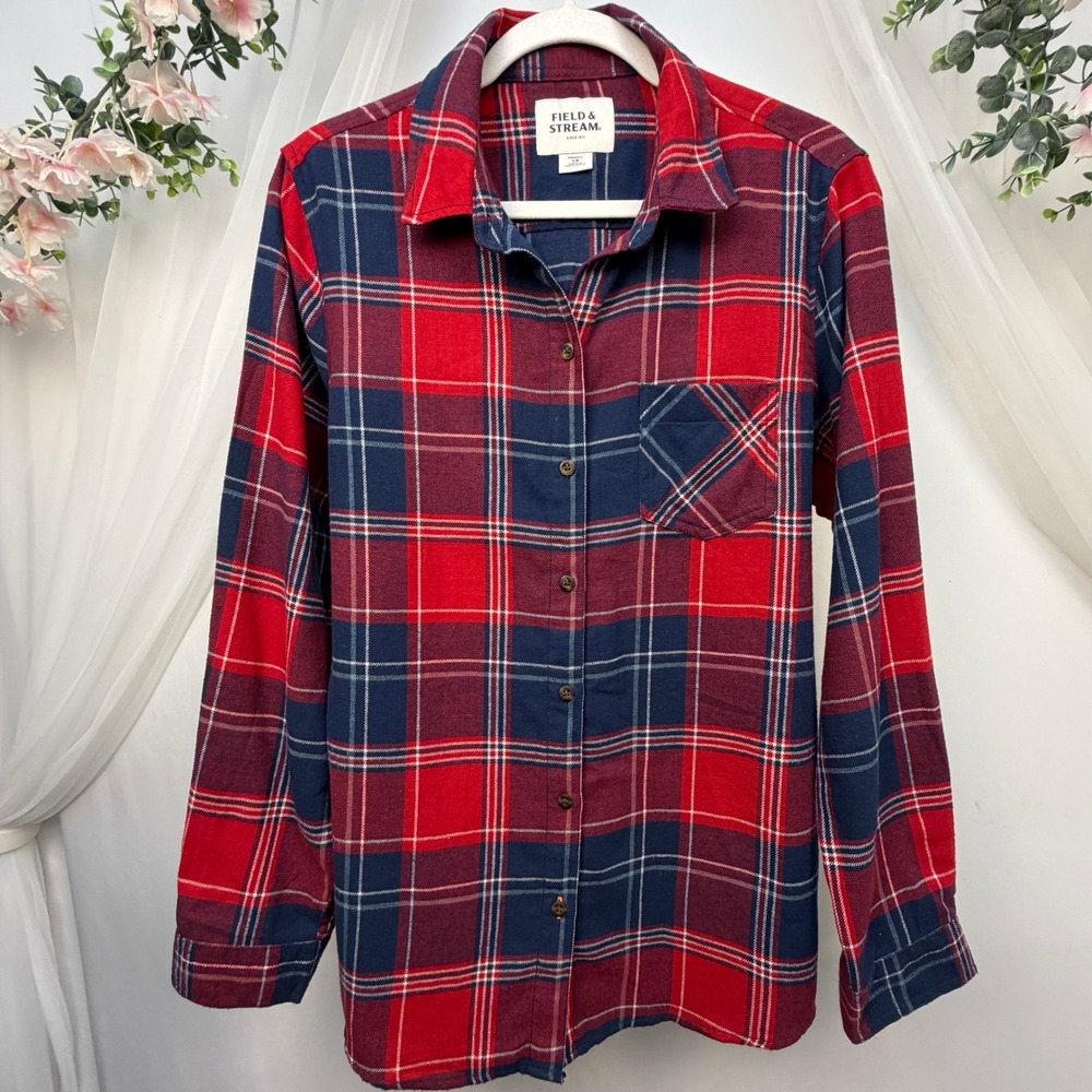 Field & Stream Womens Red Navy Blue Plaid Flannel Button Down Shirt Large LG